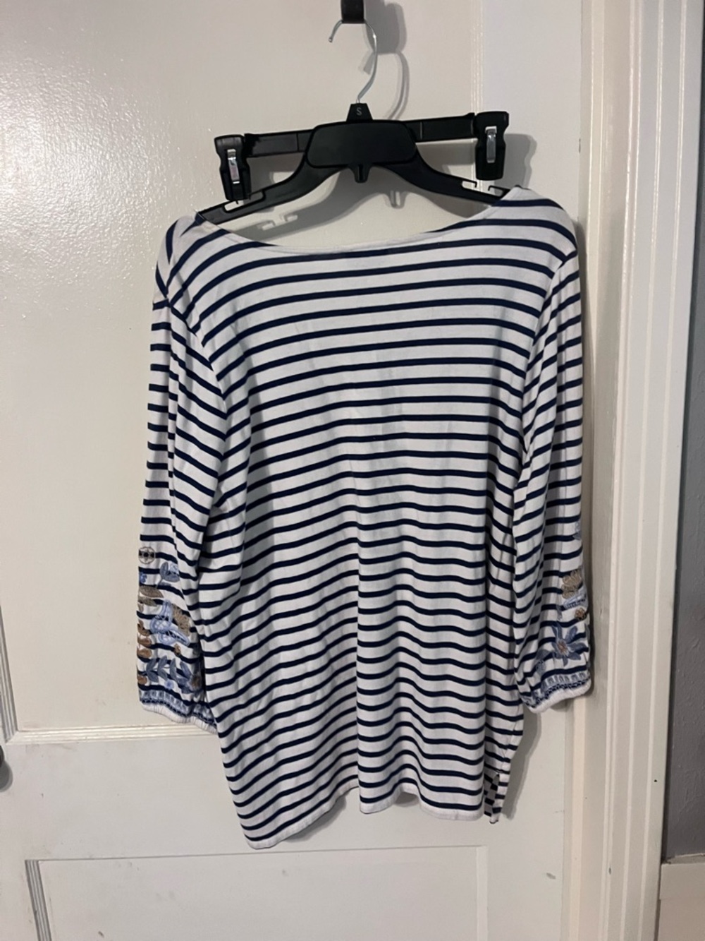 J. Jill Navy and White Striped V-Neck Tunic with Embroidery Sleeves - Picture 4 of 5